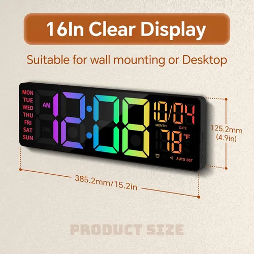 Miniatura 2 de Reloj de pared digital de 16 pulgadas con luz nocturna, reloj digital con control remoto de cambio de colores RGB, alarma doble, atenuador, DST Negro