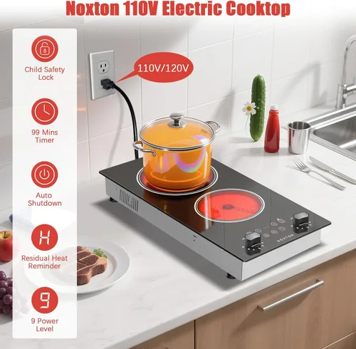 Miniatura 2 de Noxton Placa eléctrica de 2 quemadores, estufa de cerámica radiante de 12 pulgadas 110 V con perilla y control táctil, placa eléctrica incorporada
