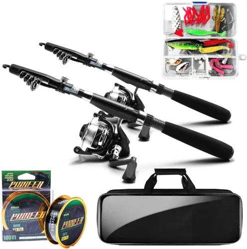 Combo de Caña de Pescar y Carrete - 2 Piezas Varillas Telescópicas de Fibra de Carbono con Carretes Giratorios Kit de Agua Salada/Dulce con Negro