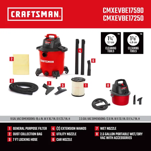 Miniatura 4 de CRAFTSMAN CMXEVBE17590 Aspiradora húmeda y seca con filtro, bolsa para polvo, manguera, accesorios y CRAFTSMAN CMXEVBE17250 2.5 Gal. Aspiradora