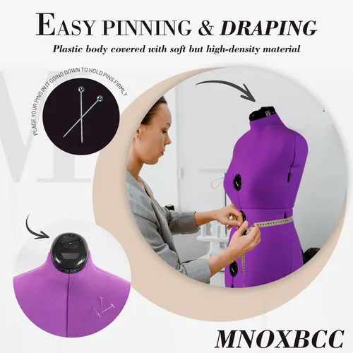 Miniatura 3 de Formularios de vestido para costura, maniquí femenino morado ajustable tamaño 12-18, cuerpo de modelo con 13 diales y guía de dobladillo de 360