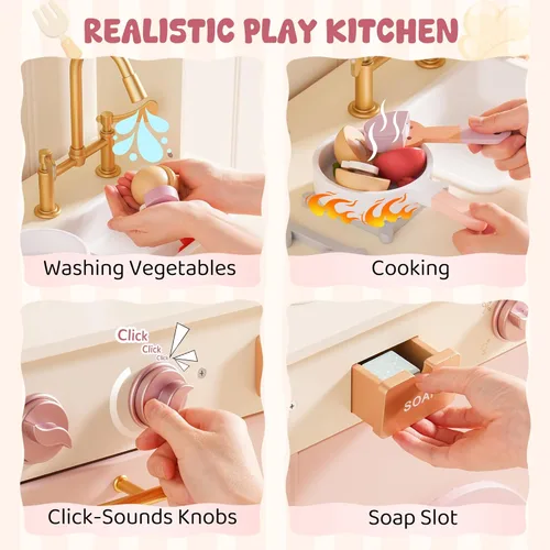Miniatura 8 de ROBUD Play Kitchen, Juego de Cocina de Juguete Grande Rosa con Cafetera y Tostadora de Juguete para Niños Pequeños de 3+ Años, Cocina de Madera