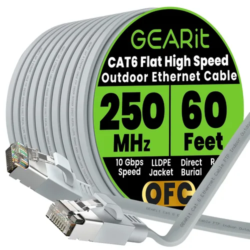 Miniatura 40 de GEARit Cable Ethernet plano Cat 6 para exteriores (15 pies, negro) Chaqueta LLDPE clasificada para entierro directo – Cat6 blindado FTP 10Gbps
