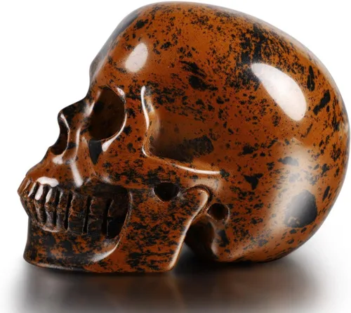 Miniatura 3 de Skullis Calavera de cristal de obsidiana de caoba de 3.0 pulgadas. Escultura de arte fino de piedra preciosa tallada a mano, estatua de piedra