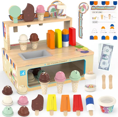 Juego de juguetes plegables de madera para helados, tienda de alimentos para niños pequeños, 52 piezas para niños con almacenamiento, juego de