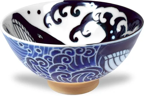 Miniatura 9 de Mino Ware - Tazón de arroz japonés, sopa de fideos de ramen de arroz, pasta Sarada, Chawn de ballena ondulada, 4.6 pulgadas, 10 onzas, juego de 2