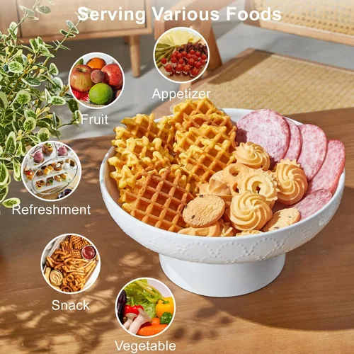 Miniatura 7 de ONEMORE Frutero de cerámica de 10 pulgadas, tazón grande de pedestal blanco con diseño de patas extraíbles y agujeros de drenaje para encimera