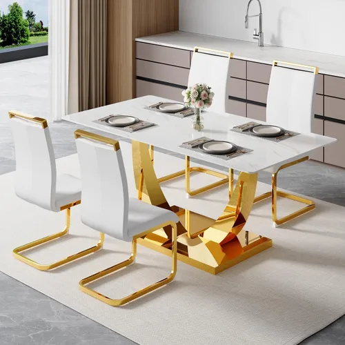 Miniatura 26 de Juego de mesa de comedor de 63 pulgadas para 4, juego de mesa de comedor dorado moderno para 4, juego de mesa de cocina de mármol sintético con negro