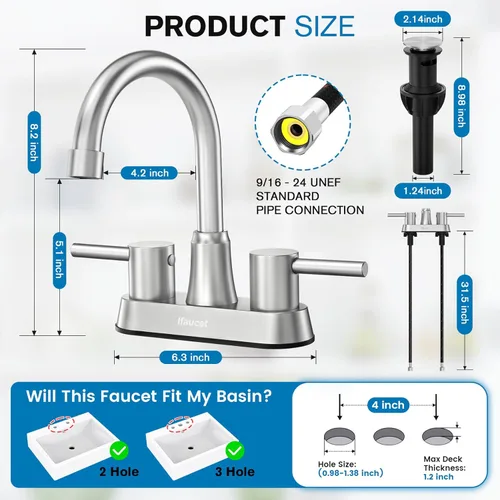 Miniatura 2 de Grifos de baño, grifo de baño de 3 agujeros, grifo de lavabo de baño, grifo para lavabo de 4 pulgadas con 2 manijas tipo centerset, libre de plomo