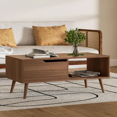 Miniatura 4 de DIYART Mesa de centro marrón, mesa de centro moderna de mediados de siglo con cajón y estante, mesa consola simple de madera de 39 pulgadas