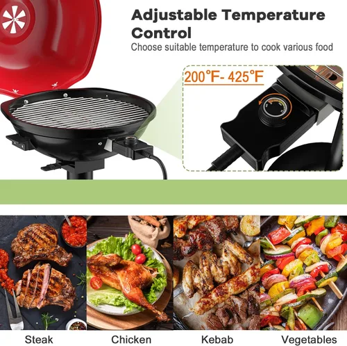 Miniatura 4 de Giantex Parrilla eléctrica para interiores y exteriores, parrilla portátil de 1600 W con rejilla antiadherente extraíble, temperatura ajustable, Rojo