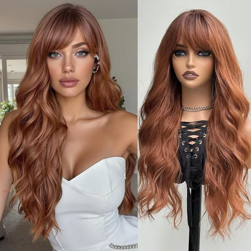 Miniatura 9 de topshe Peluca ondulada de color rubio ceniza con flequillo, cabello sintético resistente al calor para mujeres, capas de mariposa preestilizadas