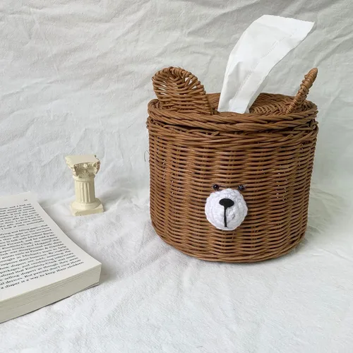 Miniatura 3 de Lindo oso tejido ratán cuadrado caja de pañuelos titular para cocina, baño, coche Soporte decorativo de mimbre recargable dispensador de Marrón