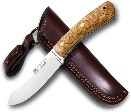 Joker Nessmuk CL136 - Cuchillo para bushcraft, hoja plana de acero inoxidable Sandvik 14C28N de 4.33 pulgadas, mango de abedul rizado y funda de