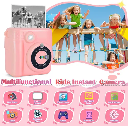 Miniatura 2 de Cámara de impresión instantánea para niños, cámara de 2.4 pulgadas para niños, impresión instantánea con papel y tarjeta de 32G, juguetes digitales