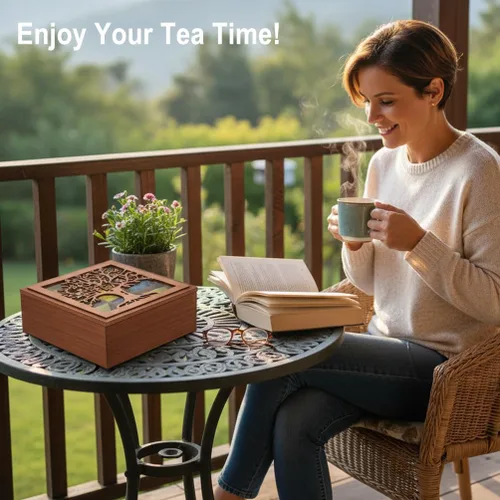 Miniatura 6 de Organizador de caja de té de madera, organizadores de té y almacenamiento con patrón de árbol, soporte para bolsa de té, caja organizadora
