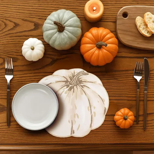 Miniatura 8 de Simplebrand Juego de 4 manteles individuales con estampado de calabaza beige para cocina, resistentes a las manchas, protegen la mesa del comedor