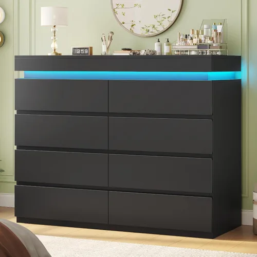 Miniatura 19 de HAUOMS Cómoda alta de 5 cajones con luz LED, cómoda moderna negra para dormitorio, cómodas de armario con cajones para sala de estar, entrada