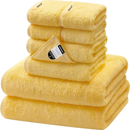 SEMAXE - Juego de toallas de baño amarillas, 2 toallas de baño de lujo, 2 toallas de mano, 4 toallas faciales 100% algodón con bucles para colgar,