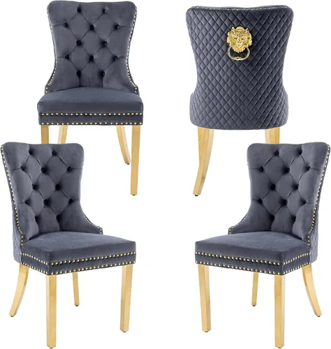 Miniatura 14 de Juego de 2 sillas de comedor de terciopelo Homedraft, colección Nikki para comedor con patas doradas de acero inoxidable y anillo de tirador