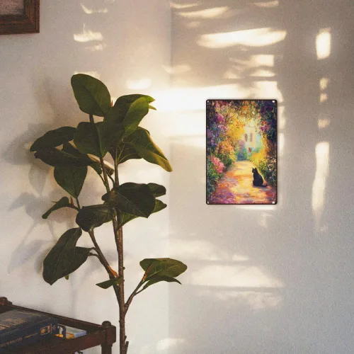 Miniatura 7 de Cartel de metal retro para decoración de pared con diseño de gato negro y jardín, 8 x 12 pulgadas, pintura al óleo de primavera, póster artístico