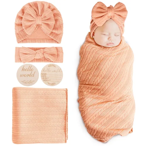 Miniatura 20 de DRESHOW BQUBO Mantas envolventes para bebés niñas, juego de 4 accesorios para recién nacidos con gorro a juego y cinta con moño con tarjeta de 1