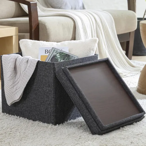 Ornavo Home Taburete otomano de almacenamiento cuadrado de lino plegable con cubo, reposapiés/asiento con tapa de mesa, mesa de café otomana - 15 x