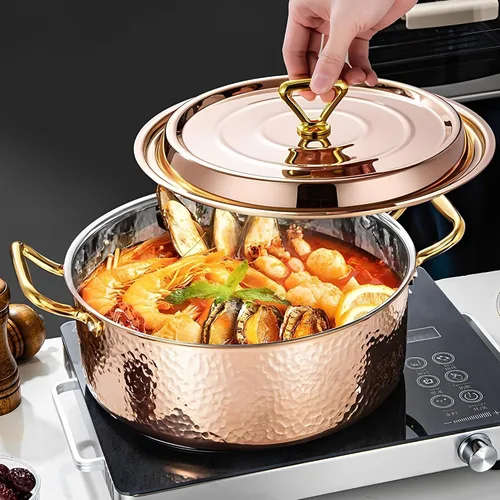 Miniatura 6 de YJX olla de 4.2QT con tapa martilleada, oro rosa de cobre, acero inoxidable tricapa, utensilio de cocina multifuncional para hornear, asar, guisar