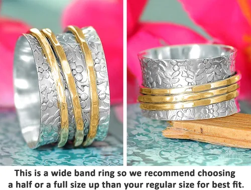 Miniatura 3 de Boho-Magic Anillo giratorio de plata de ley 925 con flores para mujer con 3 anillos antiestrés de latón de banda ancha