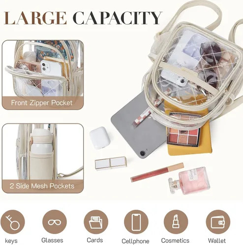 Miniatura 10 de Missnine Mochila transparente aprobada para estadios, mini bolsa transparente de PVC grueso con ribete de cuero para eventos deportivos, conciertos