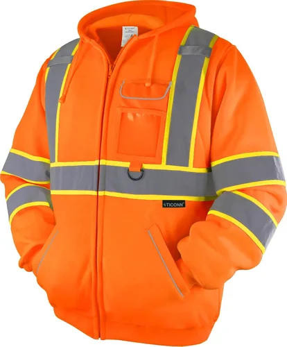 TICONN Chaqueta con capucha de seguridad, sudadera con capucha reflectante de alta visibilidad, equipo de PPE para clima frío cumple con ANSI III