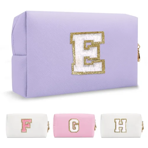Miniatura 115 de Pequeña bolsa de maquillaje personalizada con inicial A-Z Preppy Patch, bolsa de cosméticos de viaje de felpilla blanca con cremallera, bonita bolsa