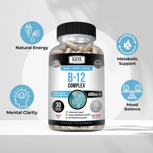 Miniatura 4 de Kaya Naturals Complejo B-12 Suplemento multivitamínico para mujeres y hombres potenciador de energía y metabolismo Vitamina del complejo B