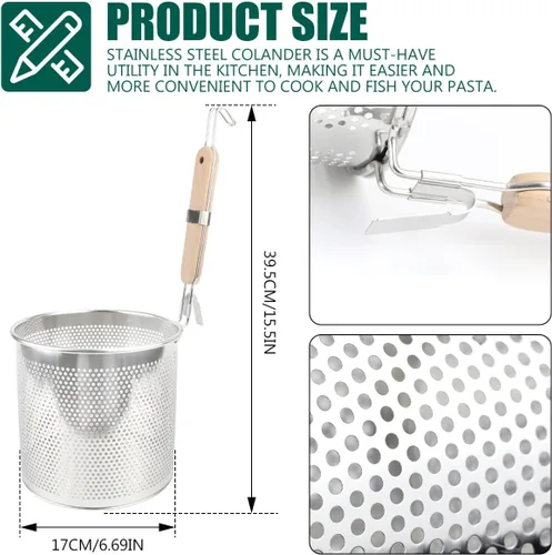 Miniatura 2 de Colador de cocina multiusos de acero inoxidable con mango de madera, colador de cocina para colar, freír, cocinar al vapor y cocinar (7.1 in)