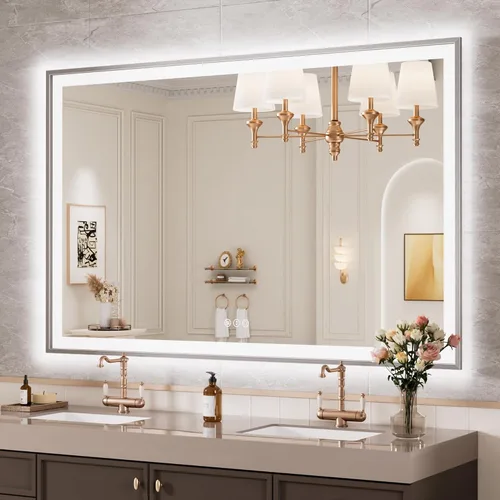 Miniatura 17 de Espejo de baño LED de 60x36 pulgadas con marco negro, espejos de baño retroiluminados y con luz frontal para pared, antiempañamiento, regulable