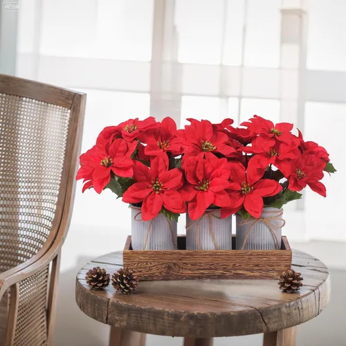Miniatura 2 de Flores de Pascua Artificiales Decoraciones Navideñas – Paquete de 3 Flores de Pascua Rojas en Macetas de Metal Galvanizado con Caja de Madera