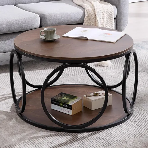 BECHAEO Mesa de centro redonda de 31.5 pulgadas con almacenamiento, mesa de centro vintage de 2 niveles para sala de estar, parte superior de madera