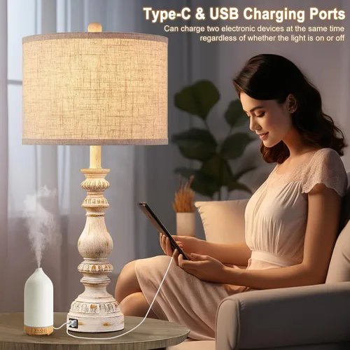 Miniatura 4 de Juego de 2 Lámparas de Mesita de Noche Estilo Granja para Dormitorio con Puertos USB A+C, Lámparas de Mesa Rústicas Vintage de 28" para Sala
