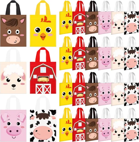 Sweetude 24 bolsas de recuerdo de fiesta de animales de granja con asa – 9.84 x 7.87 pulgadas bolsas de dulces no tejidas – Bolsa de regalo