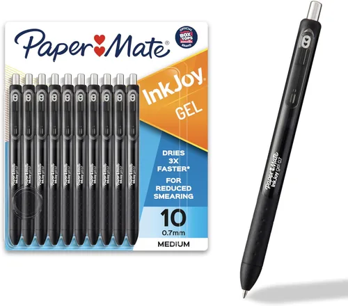 Paper Mate InkJoy Bolígrafos de gel negros de punta media (0,7 mm) con empuñadura cómoda, 10 unidades, tinta de secado rápido ideal para una