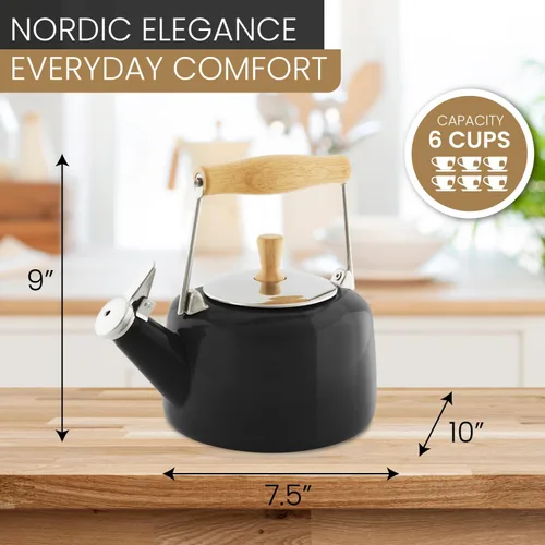 Miniatura 5 de Chantal SVEN - Tetera silbante esmaltada sobre acero con mango de madera natural, 1.4 cuartos de galón (negro 2)