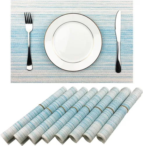 Miniatura 10 de Mantel individual de vinilo tejido duradero, lavable, resistente al calor, antideslizante, para cocina, comedor (juego de 4, azul con blanco)