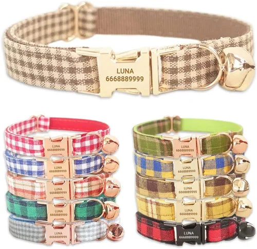 Miniatura 9 de PETDURO Collares de gato a cuadros hechos a mano personalizados con campana y hebilla de metal grabada con nombre personalizado para gatos lindos