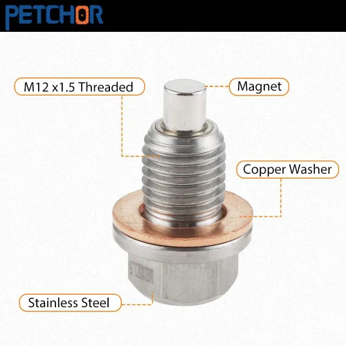 Miniatura 2 de Tapón magnético de drenaje de aceite de acero inoxidable M12 x 1.5, bandeja del motor con arandela de cobre e imán de neodimio, compatible