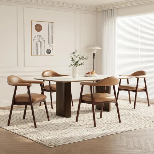 Miniatura 11 de MALOL Juego de 2 sillas de comedor de cuero con reposabrazos, silla de comedor tapizada con respaldo curvado y patas de madera, sillas de cocina