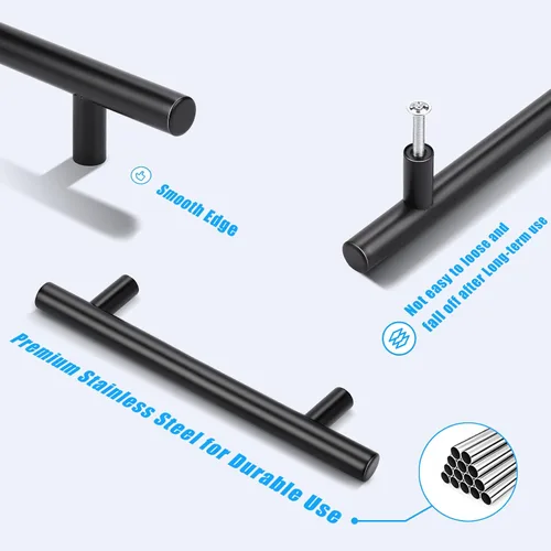 Miniatura 2 de Tiradores de gabinete de acero inoxidable con acabado negro moderno estilo euro redondo barra en T, cocina gabinete manijas cajones pomos - paquete