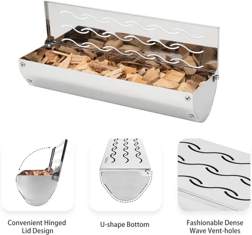 Miniatura 3 de Skyflame Caja de ahumador de acero inoxidable para madera y astillas para ahumar, barbacoa universal para ahumar carne con ventilación ondulada Caja