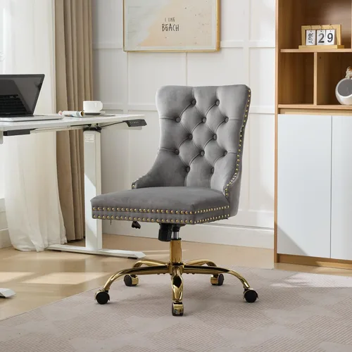 Miniatura 3 de LKTART Silla de oficina tapizada de terciopelo con botón copetudo con base de metal dorado, silla de escritorio ajustable silla de oficina giratoria