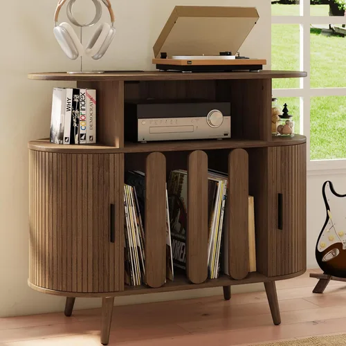 Miniatura 9 de Soporte grande para tocadiscos de 35.5 pulgadas con estación de carga, gabinete de almacenamiento de discos de vinilo, moderno soporte