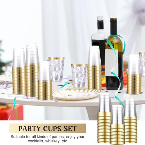 Miniatura 4 de Sliner 50 vasos de plástico duro con doble aro, copas de vino resistentes para vacaciones, Navidad, Año Nuevo, suministros de fiesta de cumpleaños
